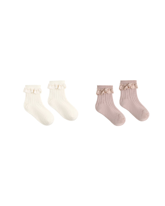 Rylee + Cru Lace Trim Socks 2-pack in rosewood and natural, ribbed kids' socks with lace trim