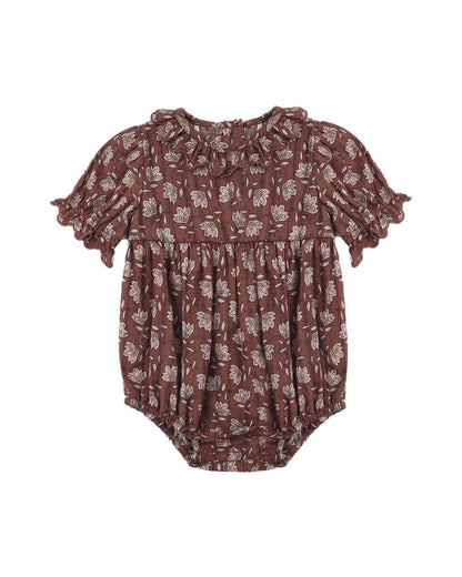 Brown floral-patterned baby romper on a white background