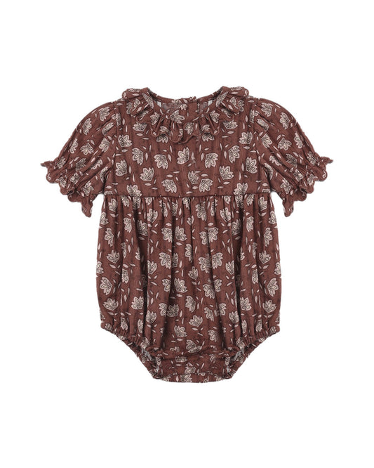 Rylee + Cru Liv Romper in Mulberry Iris print, a short sleeve baby bubble romper shown on white