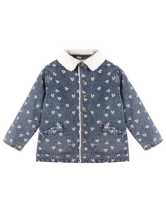 Rylee + Cru Long Chore Coat in Heart Ditsy blue floral print, kids' chore coat product view