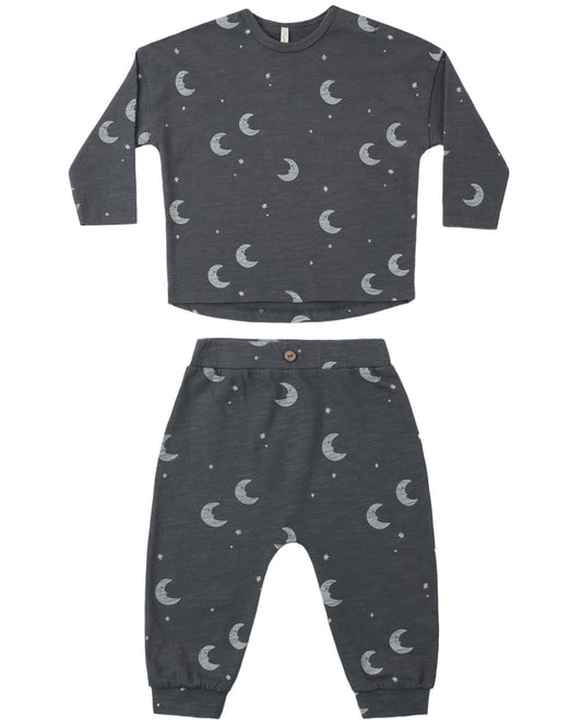 Rylee + Cru Long Sleeve Tee and Pant Set in midnight, printed with white crescent moons and stars
