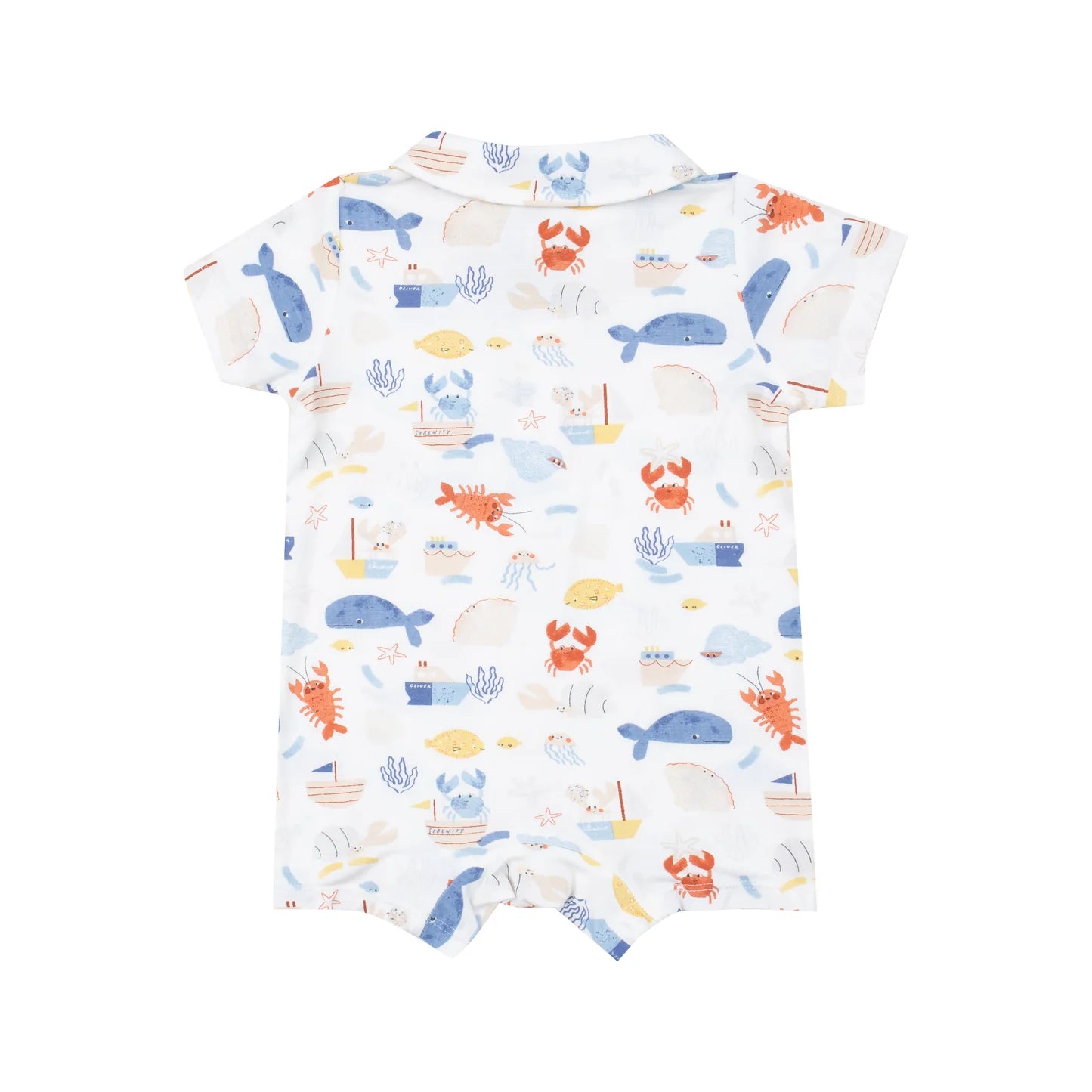 Baby romper with colorful sea creature pattern on a white background