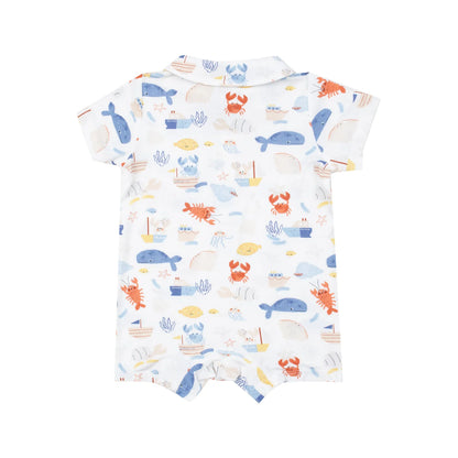 Baby romper with colorful sea creature pattern on a white background