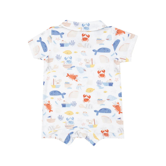 Baby romper with colorful sea creature pattern on a white background