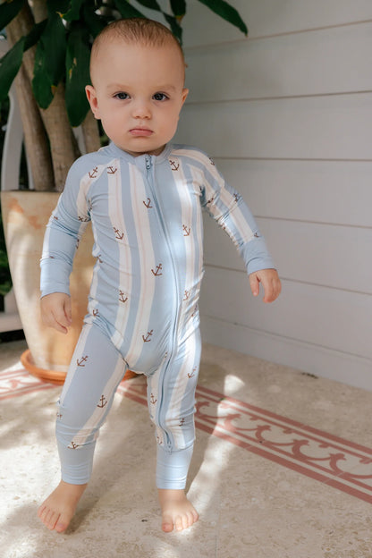 Anchored Stripe Zipper Romper