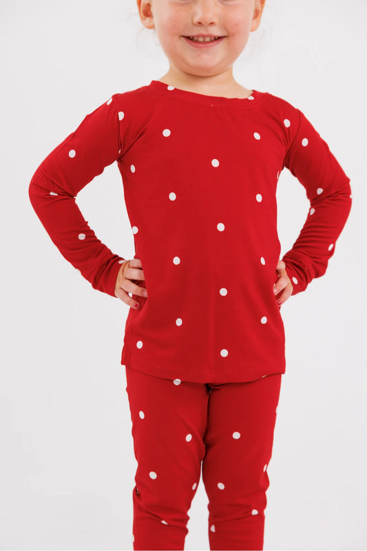 Ruby Polka Dot two piece bamboo pajama set laid flat, red with white dots