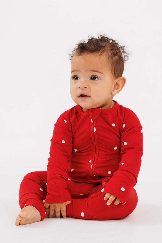 In My Jammers Ruby Polka Dot bamboo zipper romper
