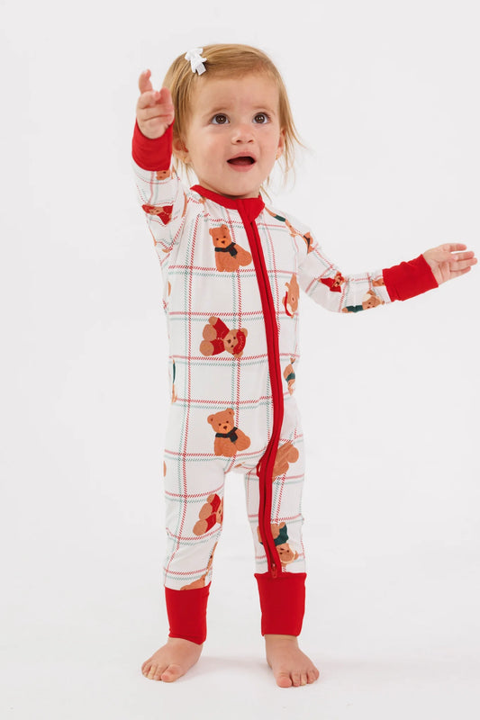 Baby standing in the Cozy Christmas Bears bamboo zipper romper
