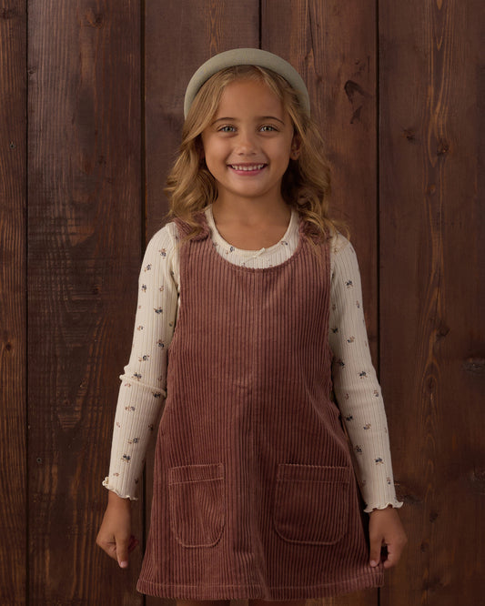 Rylee + Cru Odette Overall Dress in mulberry corduroy, a girls' overall mini dress with front pockets