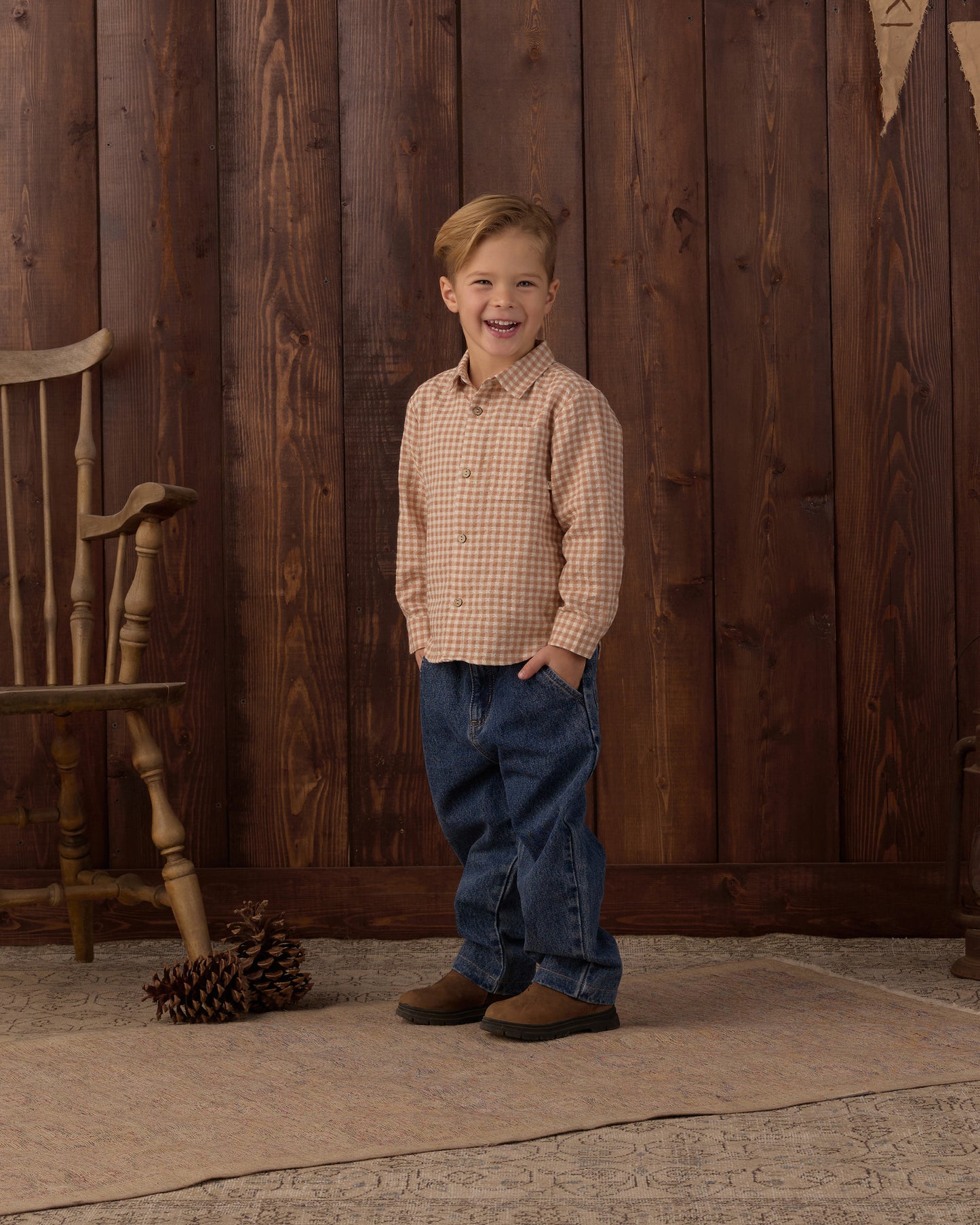 Collared Long Sleeve Shirt Fawn Gingham