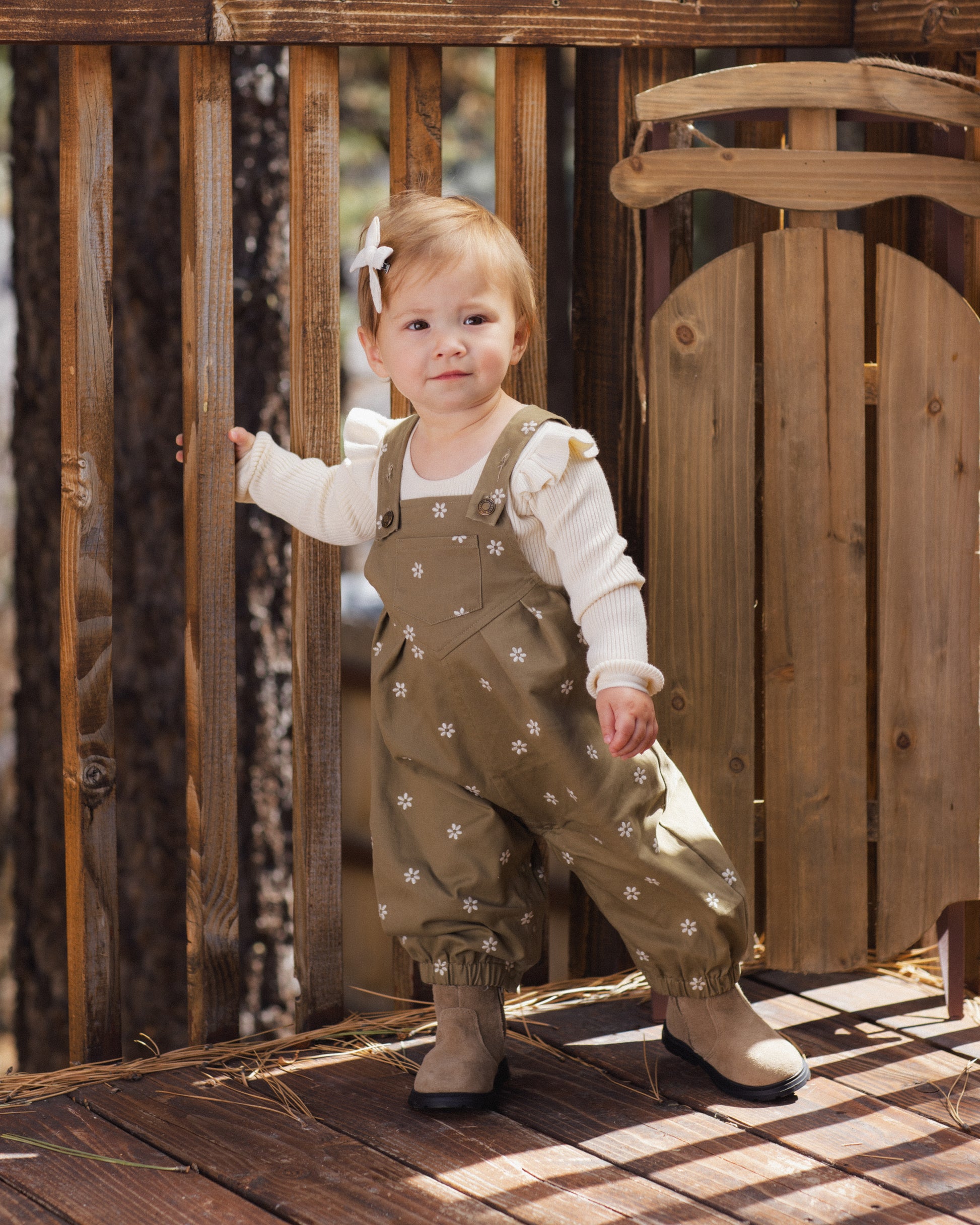 Rylee + Cru Vintage Overall in olive with embroidered daisies