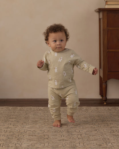 Baby standing in the Rylee + Cru Polar Bears long sleeve tee and pant set in sage