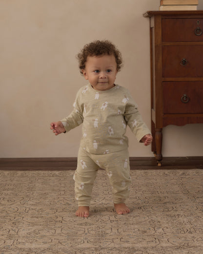 Baby walking in the Rylee + Cru long sleeve tee and pant set in the sage Polar Bears print