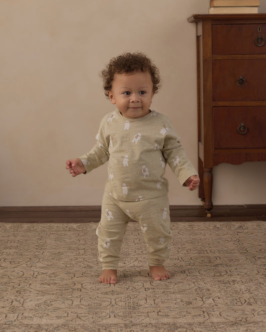 Baby walking in the Rylee + Cru long sleeve tee and pant set in the sage Polar Bears print