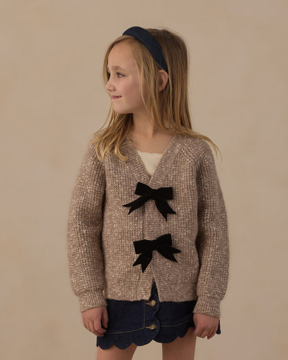 Rylee + Cru Bow Cardigan in heathered stone with bow-button placket