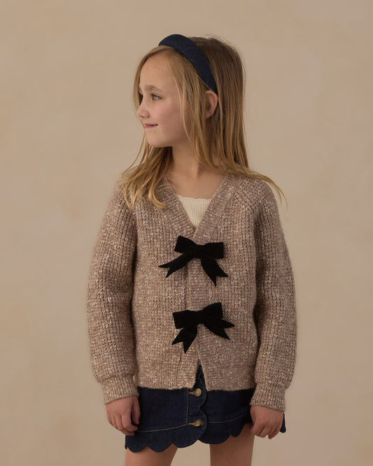 Rylee + Cru Bow Cardigan in heathered stone with bow-button placket