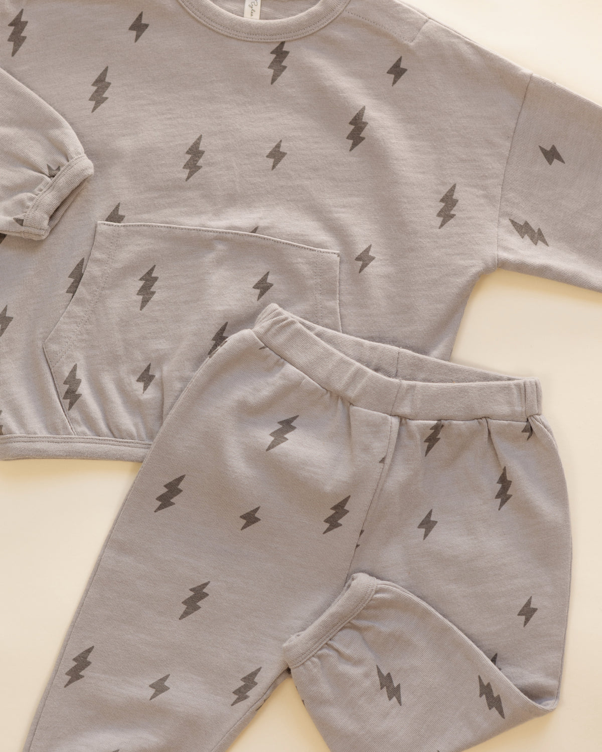 Closer styled flat of the Rylee + Cru Bolts relaxed set showing the lightning bolt print
