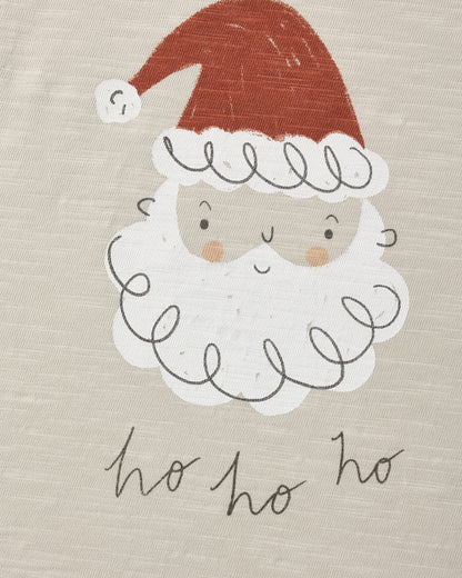 Close view of the Santa face graphic and ho ho ho script on the Rylee + Cru long sleeve tee