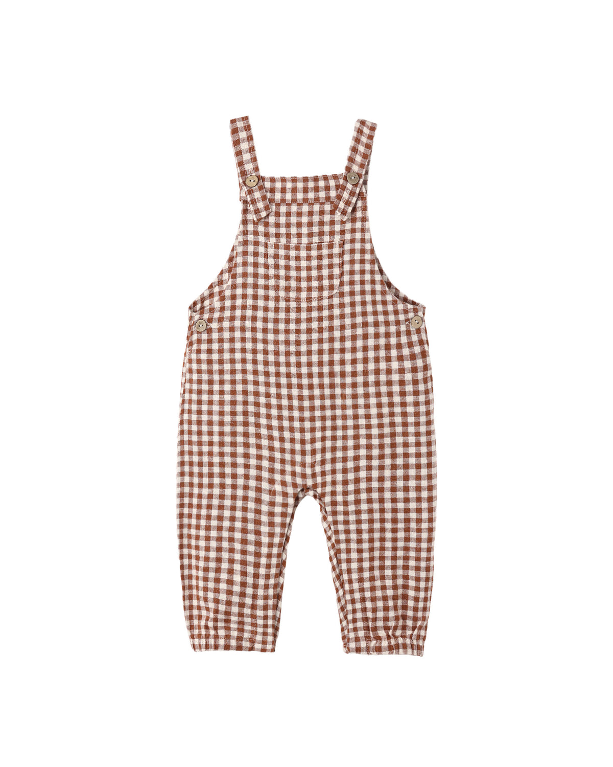 Rylee + Cru Baby Overalls in brick check gingham, laid flat with adjustable straps