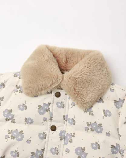 Close view of the Idyllwild Jacket showing the faux fur collar and antique snap front
