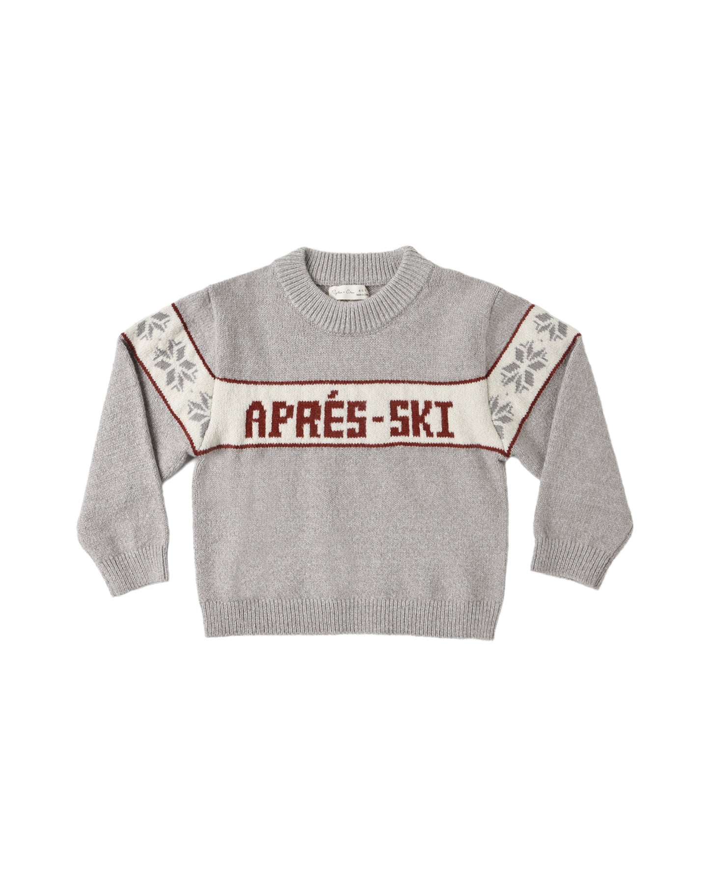 Rylee + Cru Reagan Apres Ski sweater laid flat, heathered grey-blue knit with snowflake trim