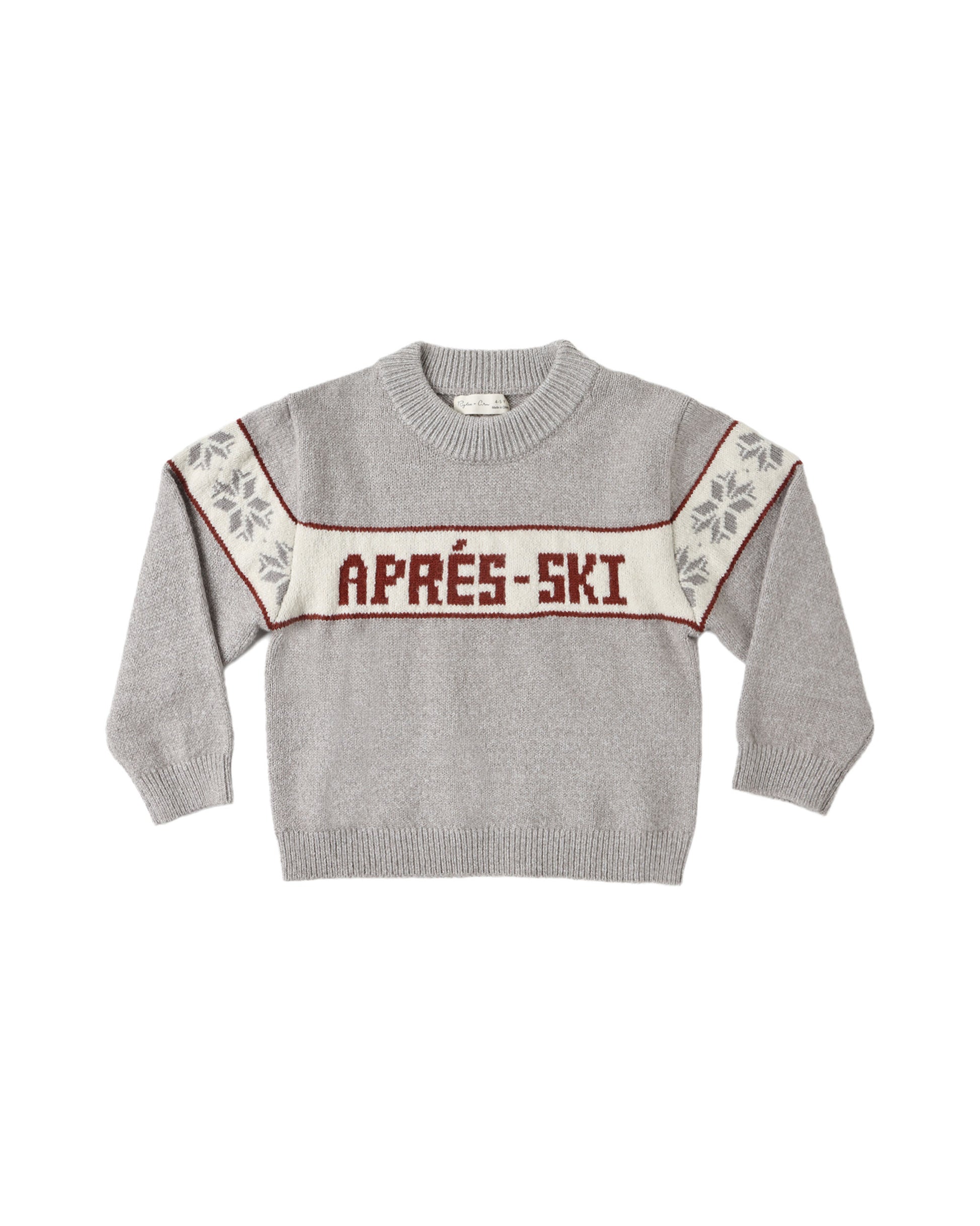 Rylee + Cru Reagan Apres Ski sweater laid flat, heathered grey-blue knit with snowflake trim