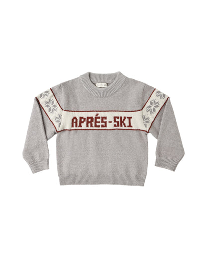 Rylee + Cru Reagan Apres Ski sweater laid flat, heathered grey-blue knit with snowflake trim