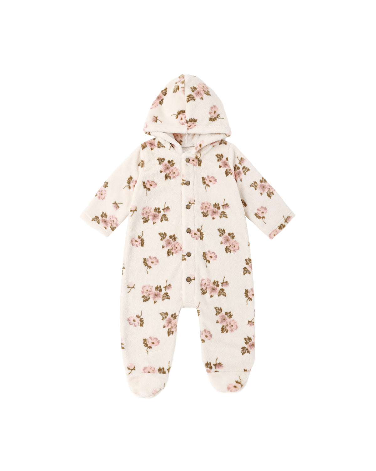 Rylee + Cru Fleece Jumpsuit in Rose Garden laid flat, cream fleece with a hood and footed legs