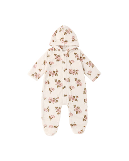 Rylee + Cru Fleece Jumpsuit in Rose Garden laid flat, cream fleece with a hood and footed legs