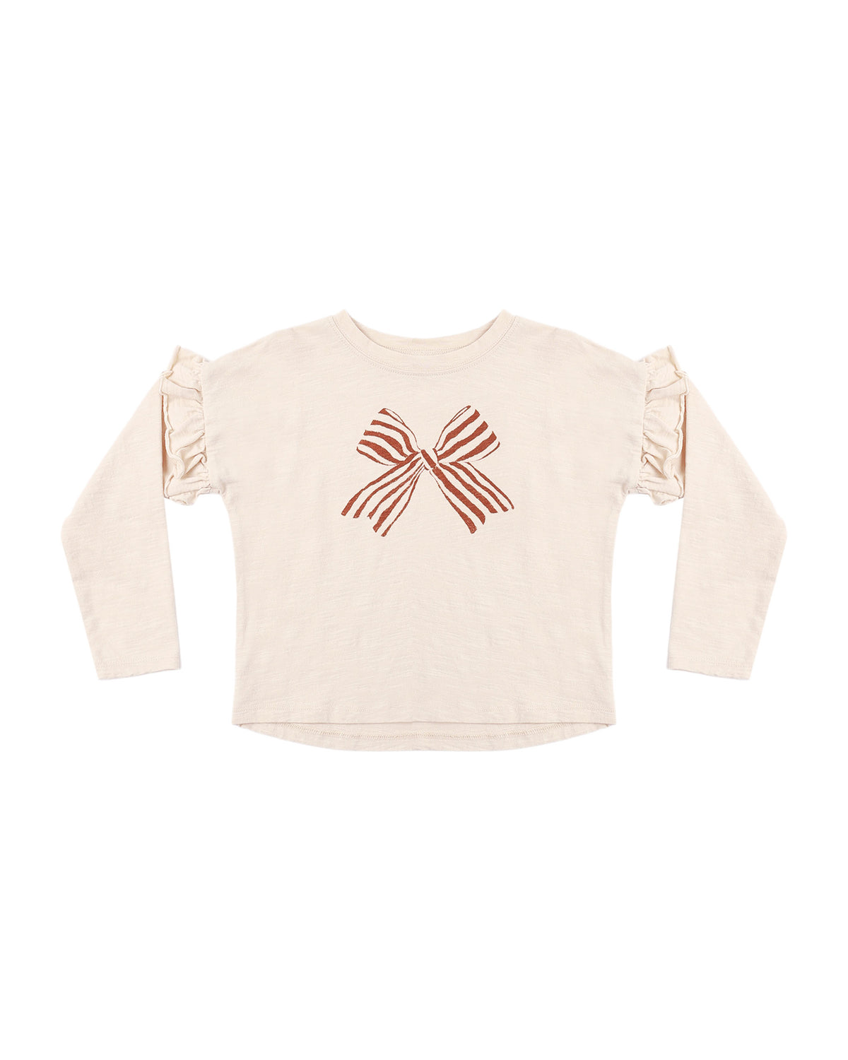 Rylee + Cru ruffle long sleeve tee with striped bow graphic, flat lay front view showing the ruffled shoulders