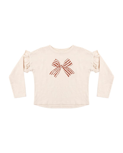 Rylee + Cru ruffle long sleeve tee with striped bow graphic, flat lay front view showing the ruffled shoulders
