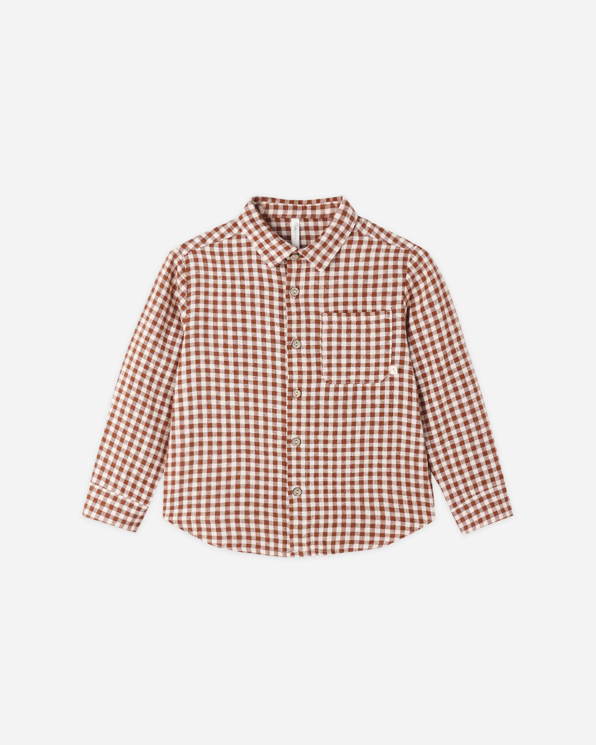 Rylee + Cru Collared Long Sleeve Shirt in brick check, laid flat with a classic collar and chest pocket