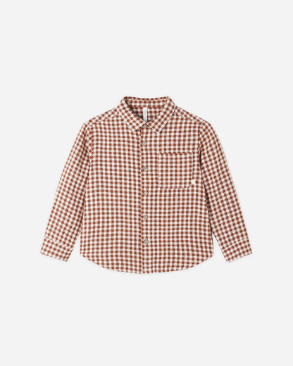 Rylee + Cru Collared Long Sleeve Shirt in brick check, laid flat with a classic collar and chest pocket