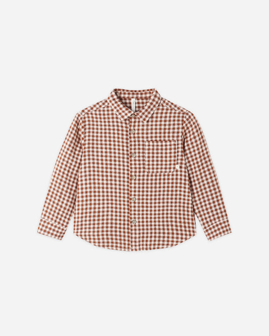 Rylee + Cru Collared Long Sleeve Shirt in brick check, laid flat with a classic collar and chest pocket