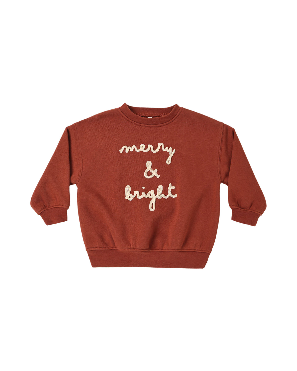 Rylee + Cru Merry & Bright relaxed sweatshirt in rust red with embroidered script, flat lay front view