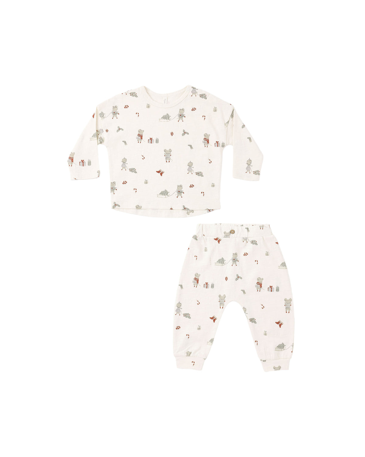 A two-piece baby pajama set featuring a long-sleeve top and matching pants in an off-white cotton fabric with a whimsical woodland animal print, laid flat on a white background.