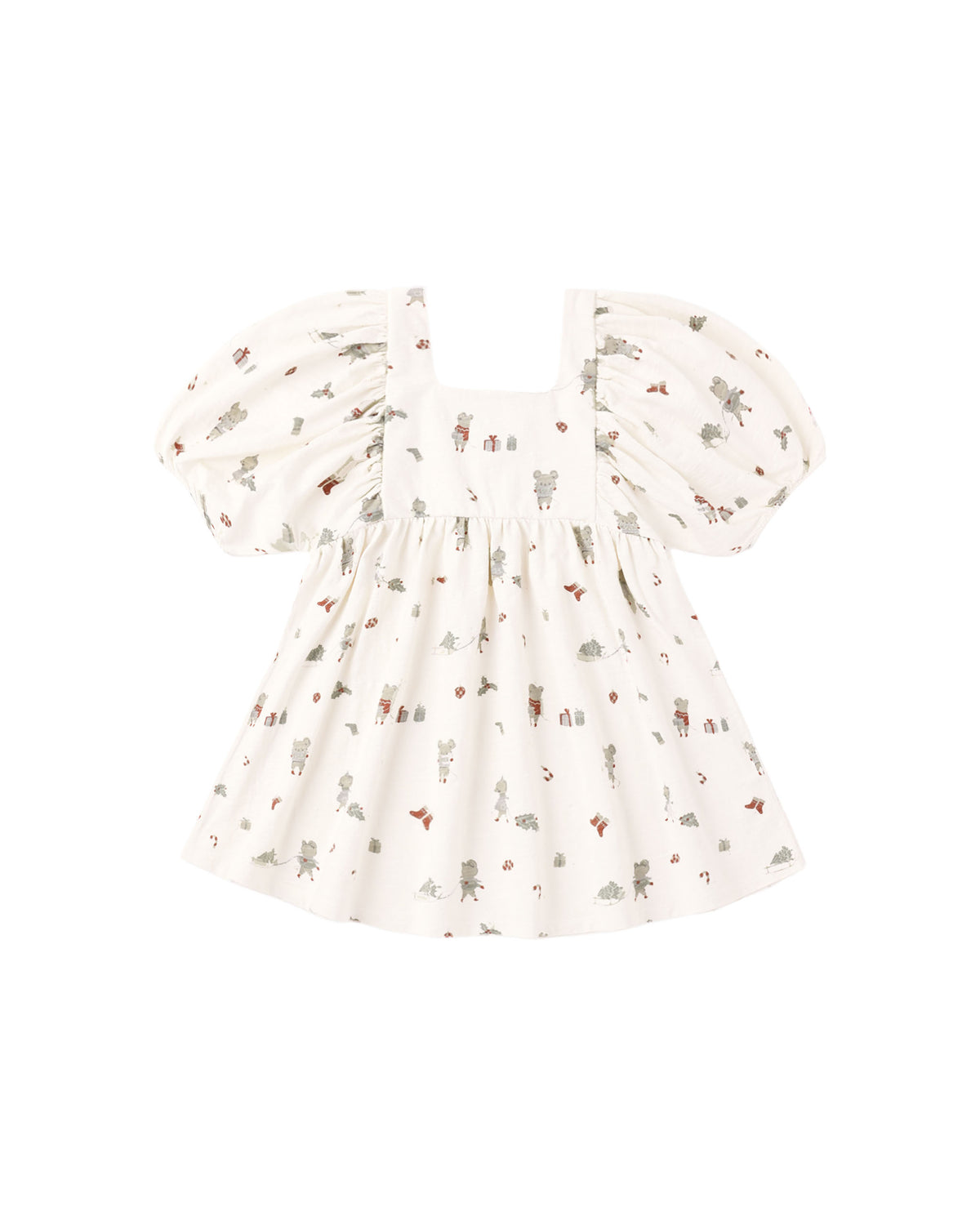 Rylee + Cru Brea dress in the holiday mouse print, flat lay front view showing the puff sleeves and smocked neckline