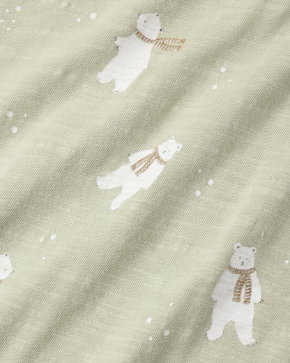 Close view of the Polar Bears print, white bears in scarves on a sage green knit