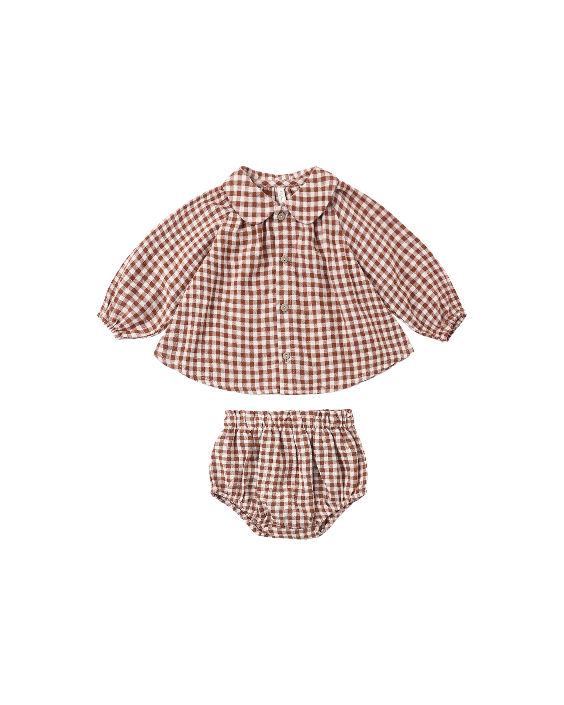 Rylee + Cru Nellie set laid flat, brick check top with Peter Pan collar and matching bloomers
