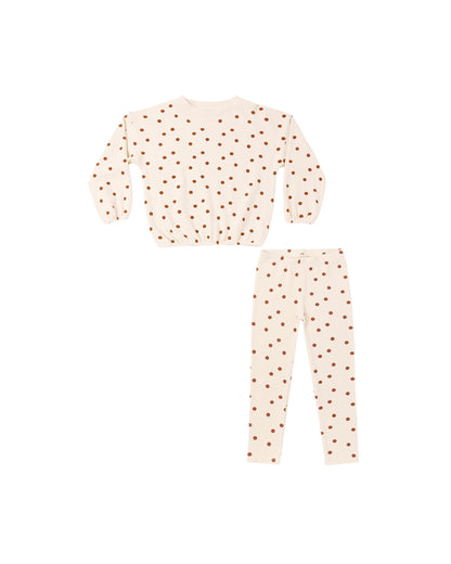 Rylee + Cru spongey knit set in ruby dots, flat lay of the top and pants on white