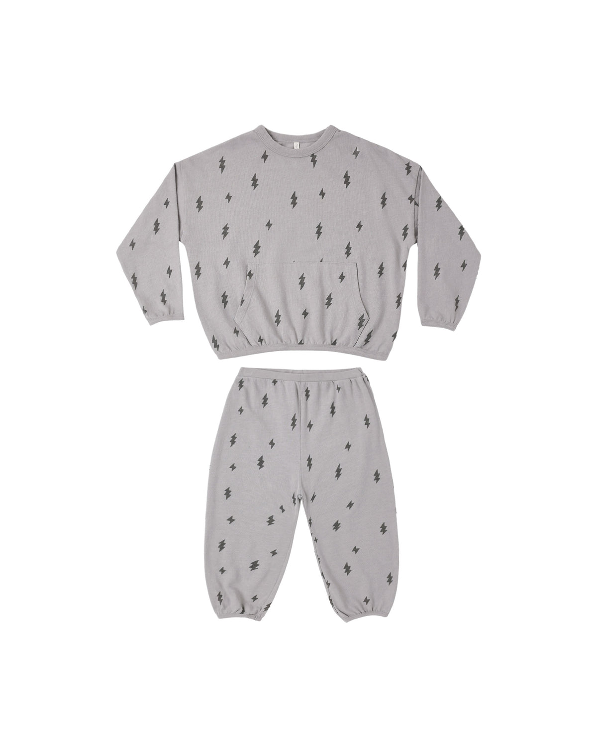 Rylee + Cru Relaxed Set in Bolts laid flat, sweatshirt and pants in dusty blue with lightning bolts