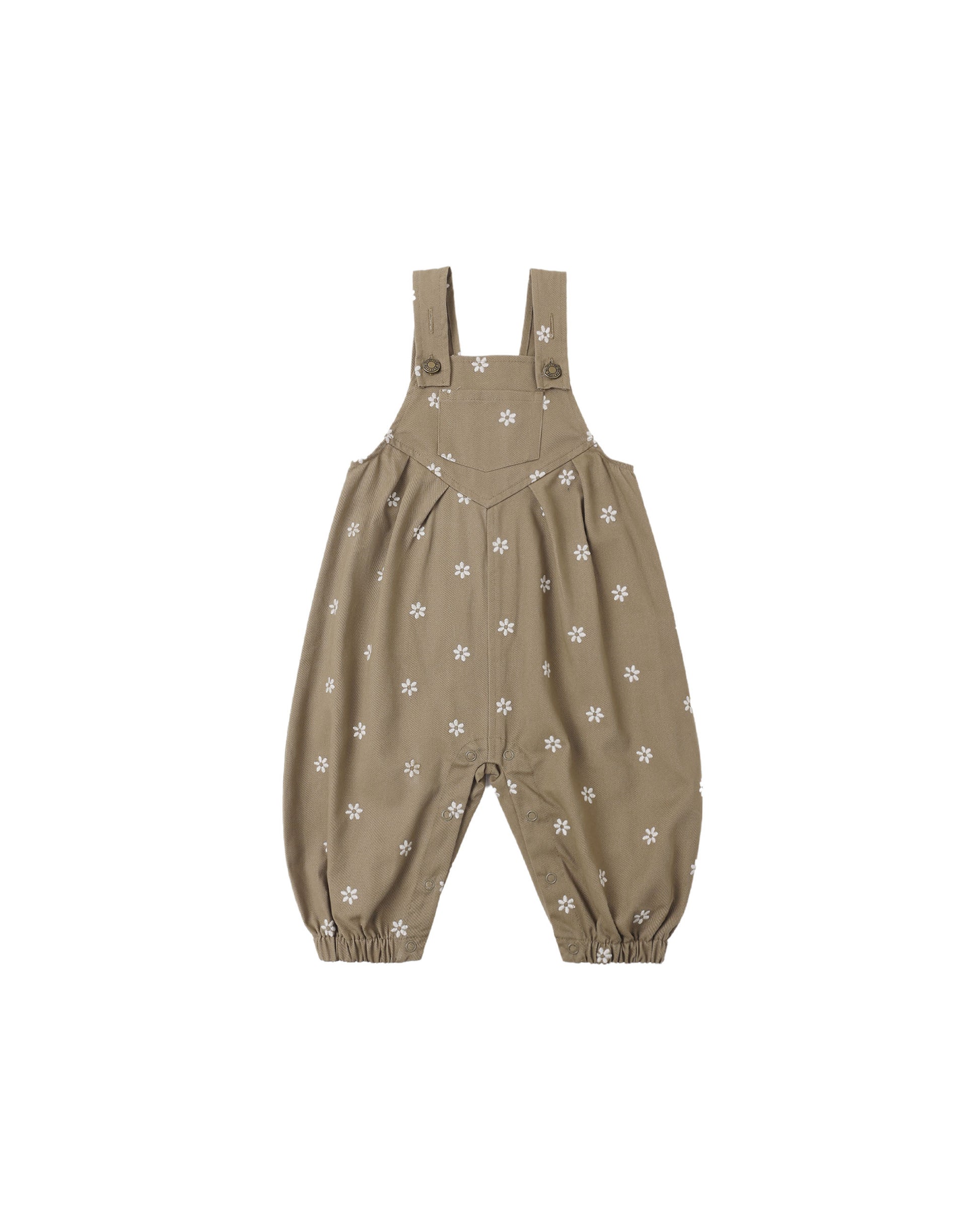 Rylee + Cru Vintage Overall in olive with embroidered white daisies, shown flat against a plain background
