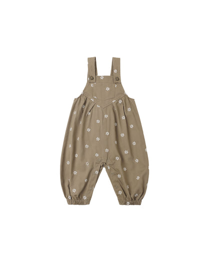 Rylee + Cru Vintage Overall in olive with embroidered white daisies, shown flat against a plain background