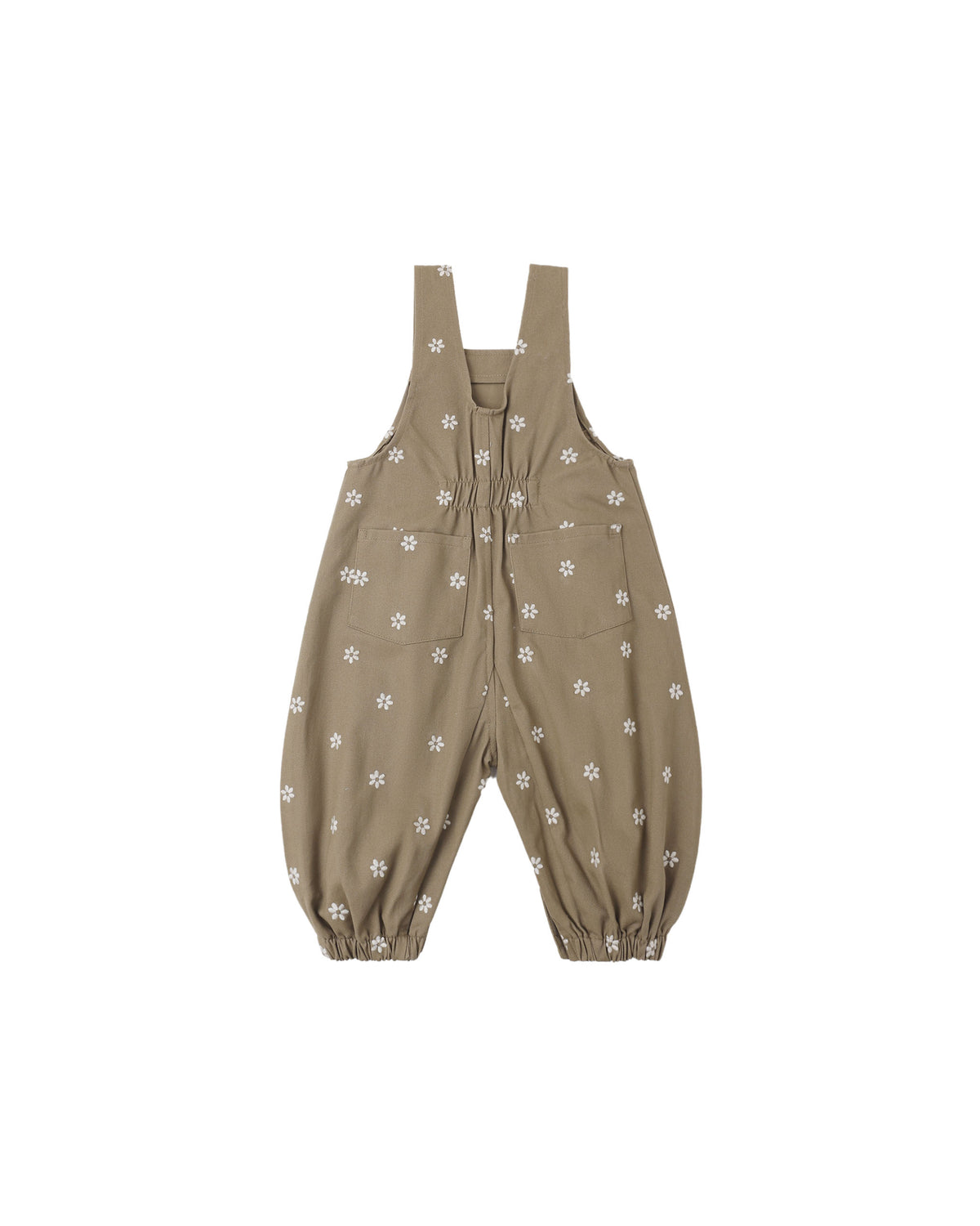 Rylee + Cru Vintage Overall laid flat, olive with embroidered white daisies and bubble legs