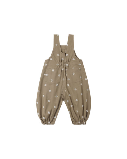 Rylee + Cru Vintage Overall laid flat, olive with embroidered white daisies and bubble legs