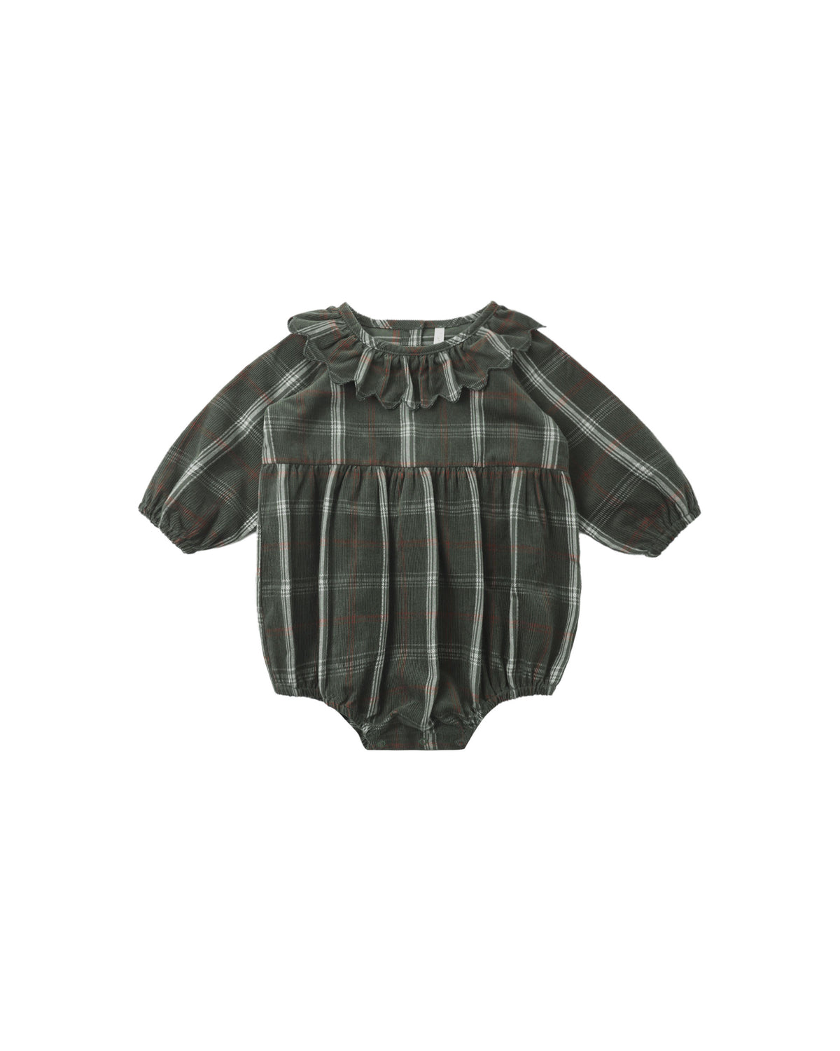 A toddler girl's long-sleeve romper in a dark green and gray plaid pattern, featuring a ruffled collar and a gathered waist, shown flat on a white background.
