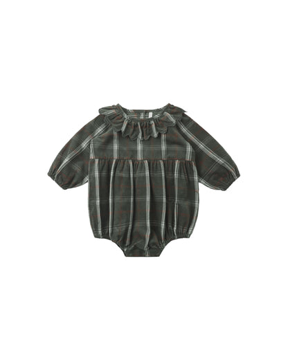 A toddler girl's long-sleeve romper in a dark green and gray plaid pattern, featuring a ruffled collar and a gathered waist, shown flat on a white background.
