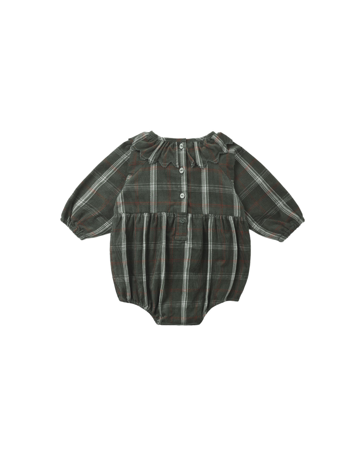 A baby long-sleeve romper in a dark olive green and brown plaid pattern, featuring a ruffled collar and snap-button front, shown on a plain white background.
