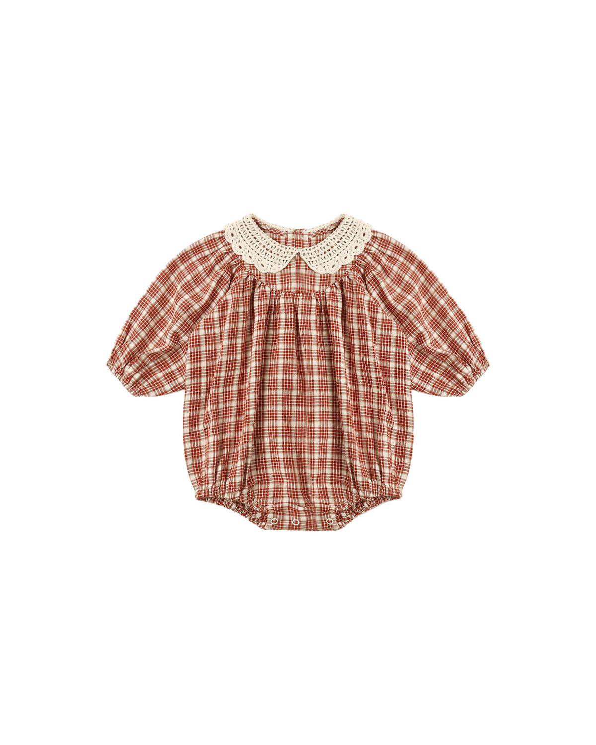 Rylee + Cru Heidi romper in vintage plaid with a lace collar, flat lay front view