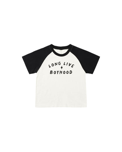 Rylee + Cru Long Live Boyhood raglan short sleeve tee laid flat, cream with black raglan sleeves